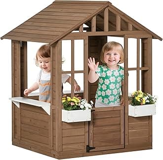 Outsunny Kids Wooden Playhouse, Outdoor Garden Games Cottage, with Working Door, Windows, Flowers Pot Holder, 47" x 38" x 54"