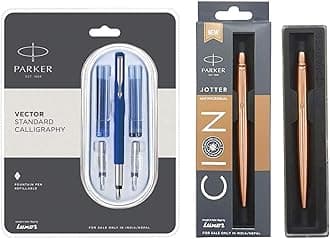 Parker Calligraphy CT Fountain Pen (Blue), 7 Piece Set Jotter Anti Microbial Ball Pen (Ink - Blue)