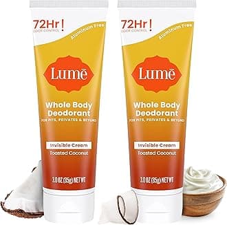 Lume Whole Body Deodorant - Invisible Cream Tube - 72 Hour Odor Control - Aluminum Free, Baking Soda Free, Skin Safe - 3.0 ounce (Pack of 2) (Toasted Coconut)