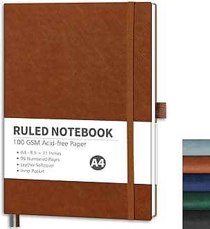 RETTACY Lined Journal Notebook, 96 Numbered Pages, A4 Large Size (8.5'' x 11''), for Men & Women, Journaling, Writing, Work & Office, Leather Softcover, 100 GSM Thick Paper (Brown)