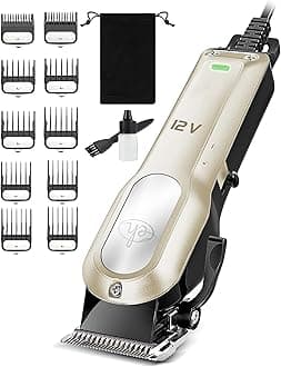 Dog Clippers for Grooming with 12V High Power Plug-in for Thick Heavy Coats Quiet, Pet Electric Professional Hair Grooming Clippers kit with 10 Metal Guard Combs Brush for Dogs Cats Pets (Gold)