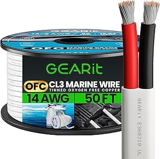 GearIT14/2 Marine Wire (50 Feet) 14AWG Gauge - Tinned OFC Copper/Marine Grade Speaker Cable/Duplex / 2 Conductors - OFC Oxygen-Free Copper, White 50ft
