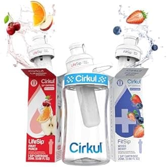 Cirkul 12oz. BPA-Free Plastic Water Bottle Starter Kit for Kids with Blue Lid, 2 Flavor Cartridges (1 LifeSip Fruit Punch, 1 FitSip Mixed Berry), No Sugar, Zero Calorie Drink Mix