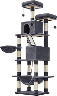 Feandrea Cat Tree, 206 cm Large Cat Tower Condo with 13 Scratching Posts, 1 Scratching Ramp, 2 Perches, 2 Caves, Basket, Hammock, Pompoms, Smoky Grey PCT190G01V1