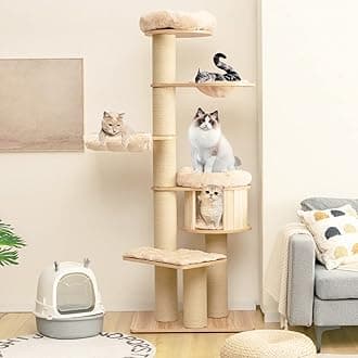 Tangkula Modern Cat Tree, 6-Tier Multi-Level Cat Tower with Cat Condo, Hammocks & Hanging Basket, Tall Cat Tree with Sisal Posts, Washable Cushions, Natural 75''
